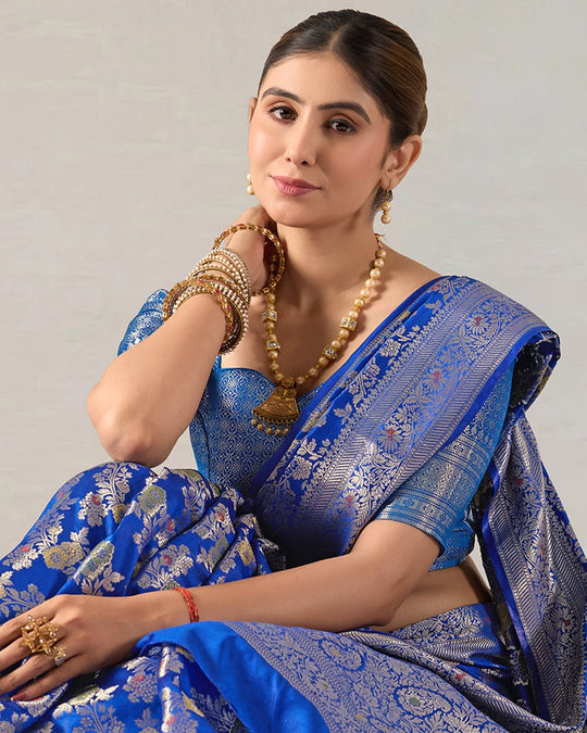 Blue Reverie Pure Banarasi Saree with Gold - Toned Floral Elegance Zari Jaal - katansi