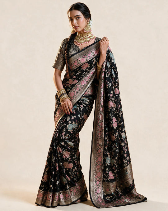 Black Pure Katan Saree with Legacy Meenakari Floral Craftsmanship