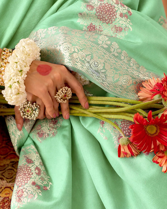 Celadon Pure Banarasi Silk Saree with Graceful Meenakari Floral Weaving