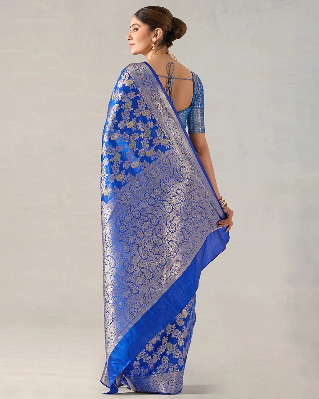 Blue Reverie Pure Banarasi Saree with Gold - Toned Floral Elegance Zari Jaal - katansi