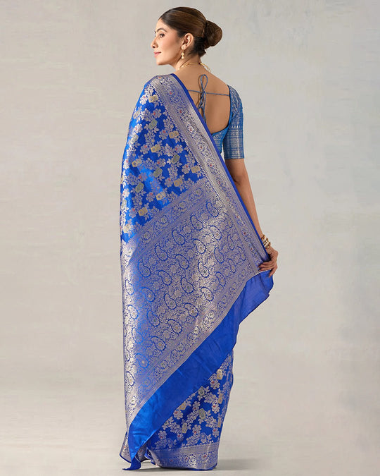 Blue Reverie Pure Banarasi Saree with Gold - Toned Floral Elegance Zari Jaal - katansi