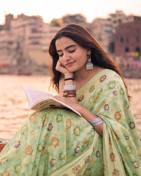 Light Green Pure Chiffon Saree with Multicolour Floral Weaves
