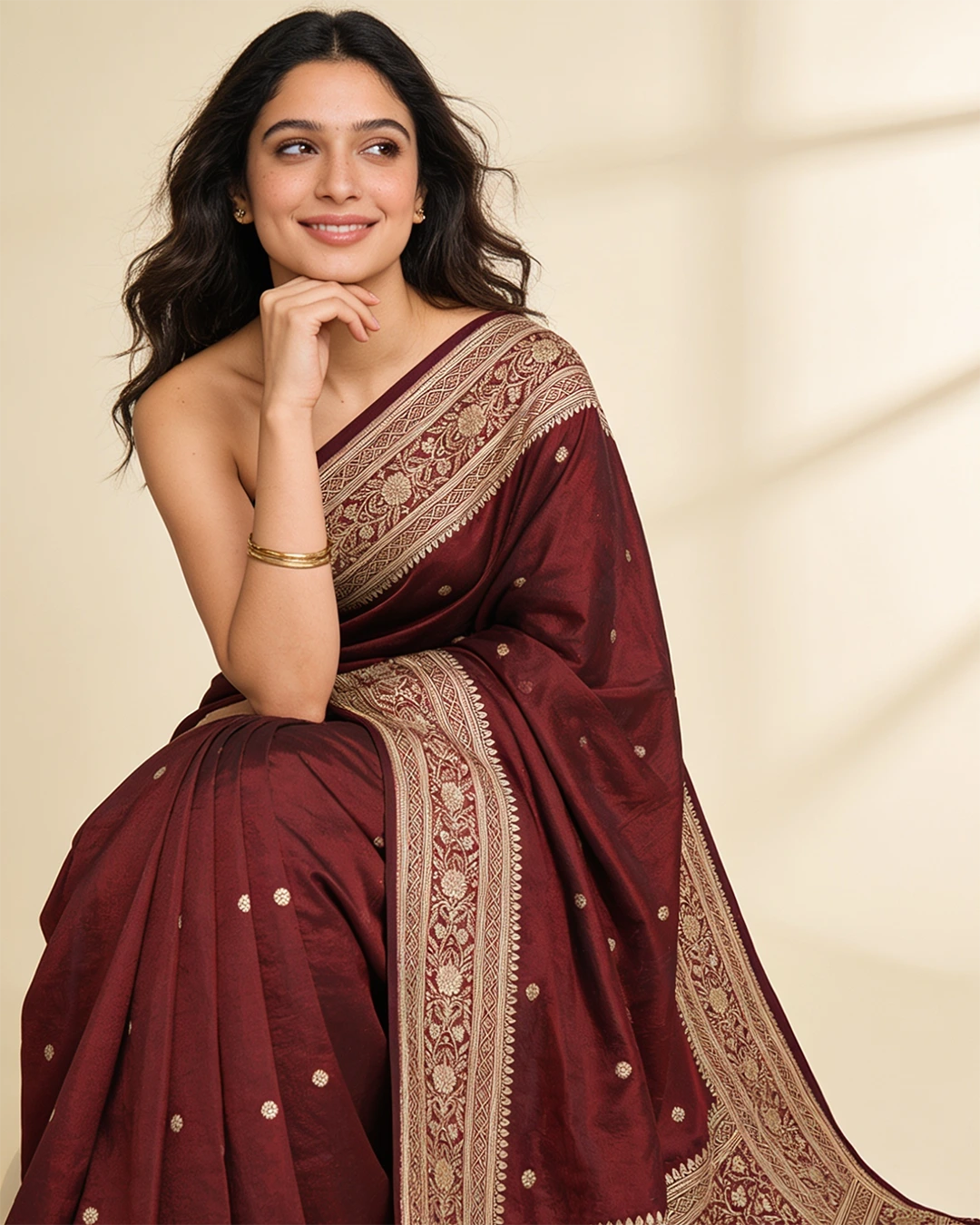 Maroon Pure Katan Saree with Buti Weave and Rich Heritage Border