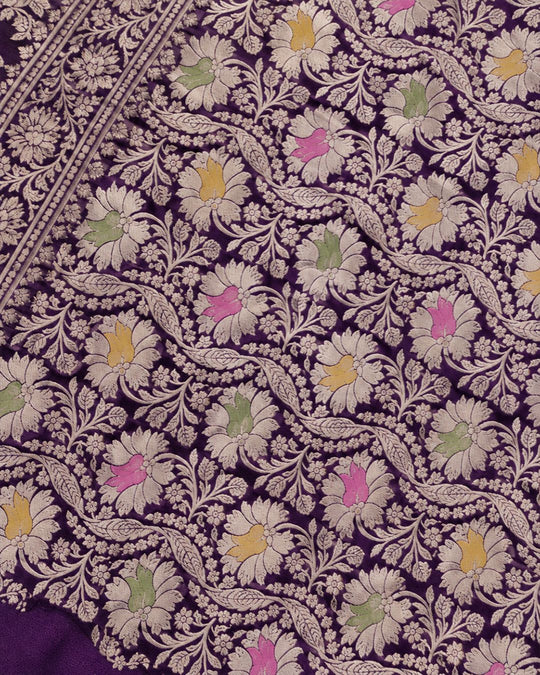 Purple Pure Katan Saree with Detailed Floral Meenakari Weave