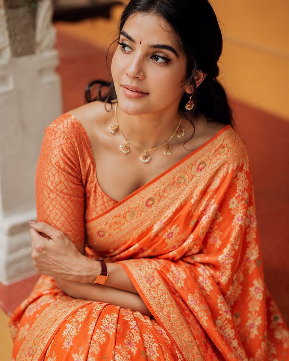 Orange Pure Chiffon Saree with Floral Meenakari Jaal Weaving