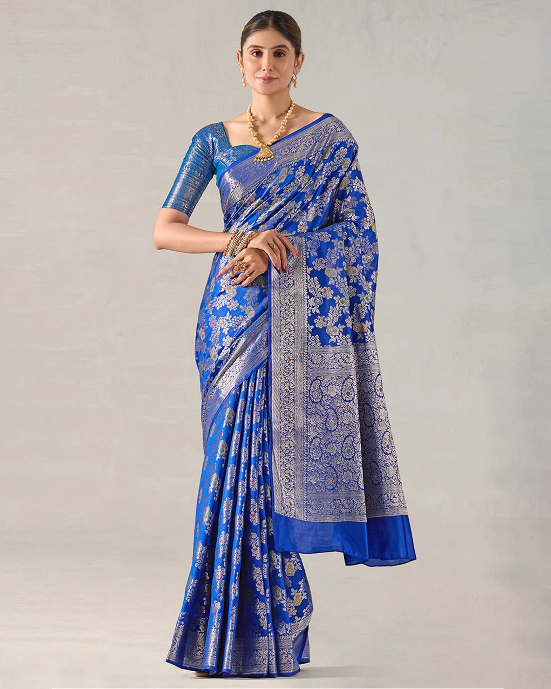 Blue Reverie Pure Banarasi Saree with Gold - Toned Floral Elegance Zari Jaal - katansi