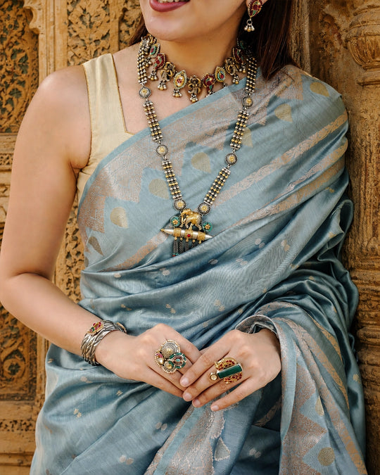Greyish Ice Blue Pure Banarasi Saree with Delicate Zari Motifs Weaves