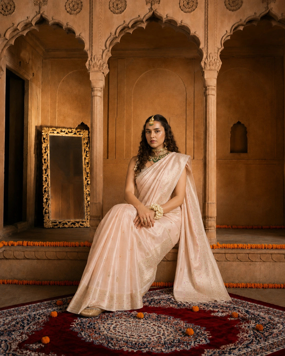 Ivory Beige Pure Banarasi Saree with Lining Weaves and Meenakari Border