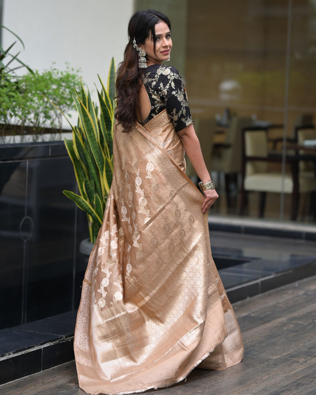 Brown Banarasi Handloom Saree With Handwoven Floral Jaal