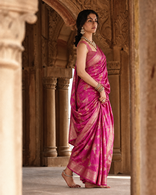 Rani Pink Pure Banarasi Saree with Floral Butidar Weaves