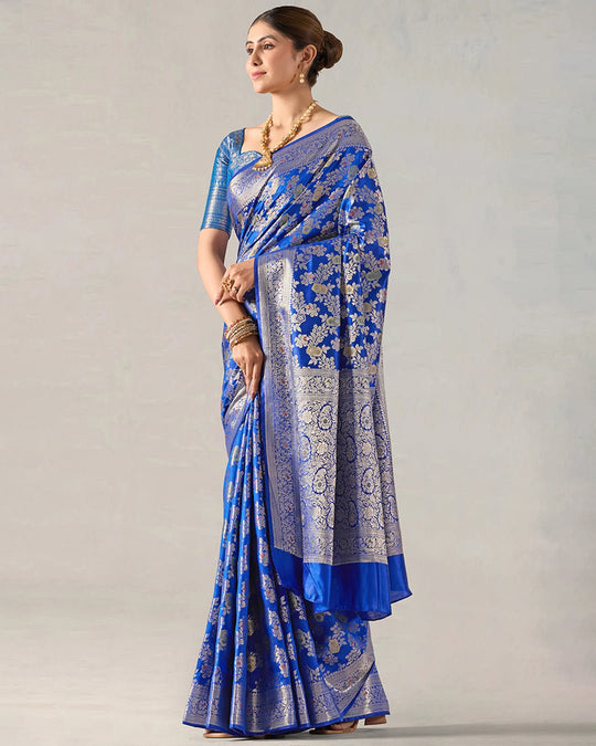 Blue Reverie Pure Banarasi Saree with Gold - Toned Floral Elegance Zari Jaal - katansi