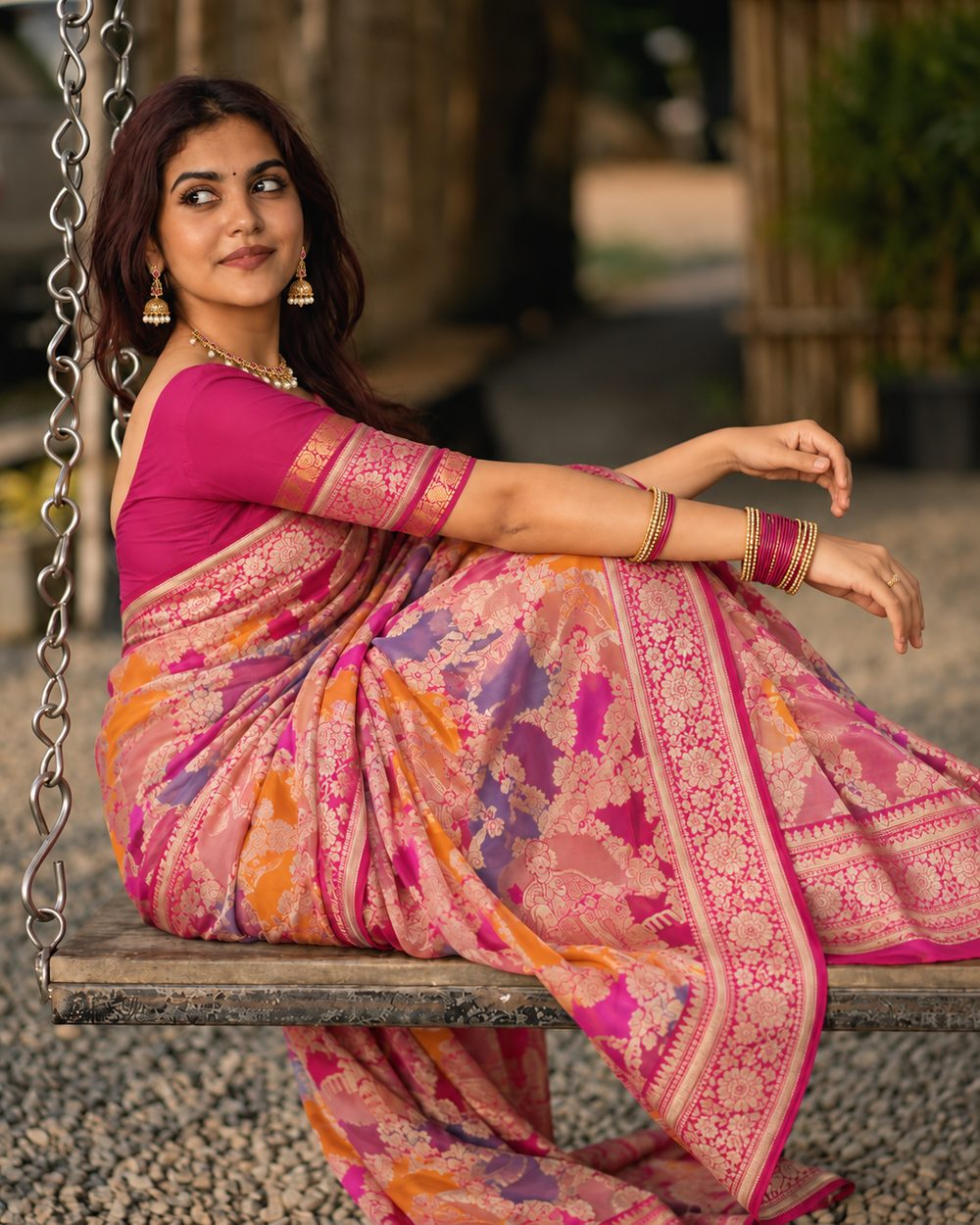 Rani Pink Rangkat Pure Katan Saree with Artistic Multicolor Weaves