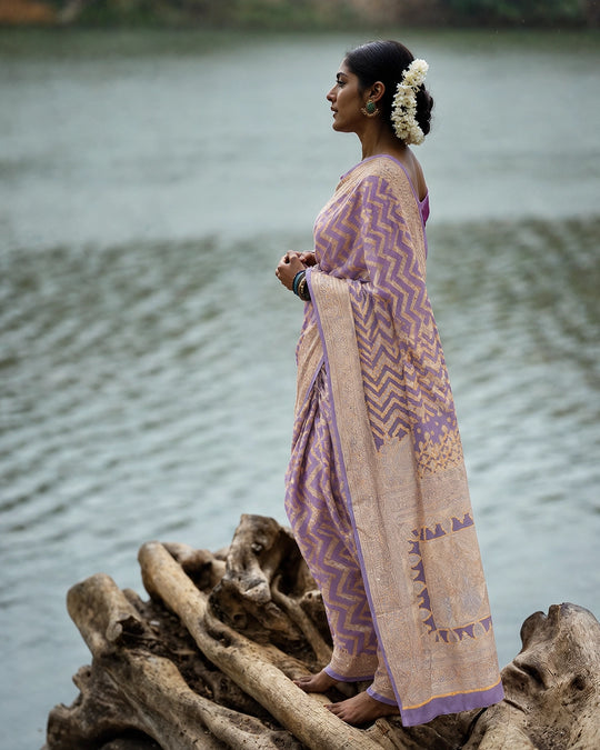 Lilac Pure Chiffon Saree with Golden Chevron Zigzag Weaving