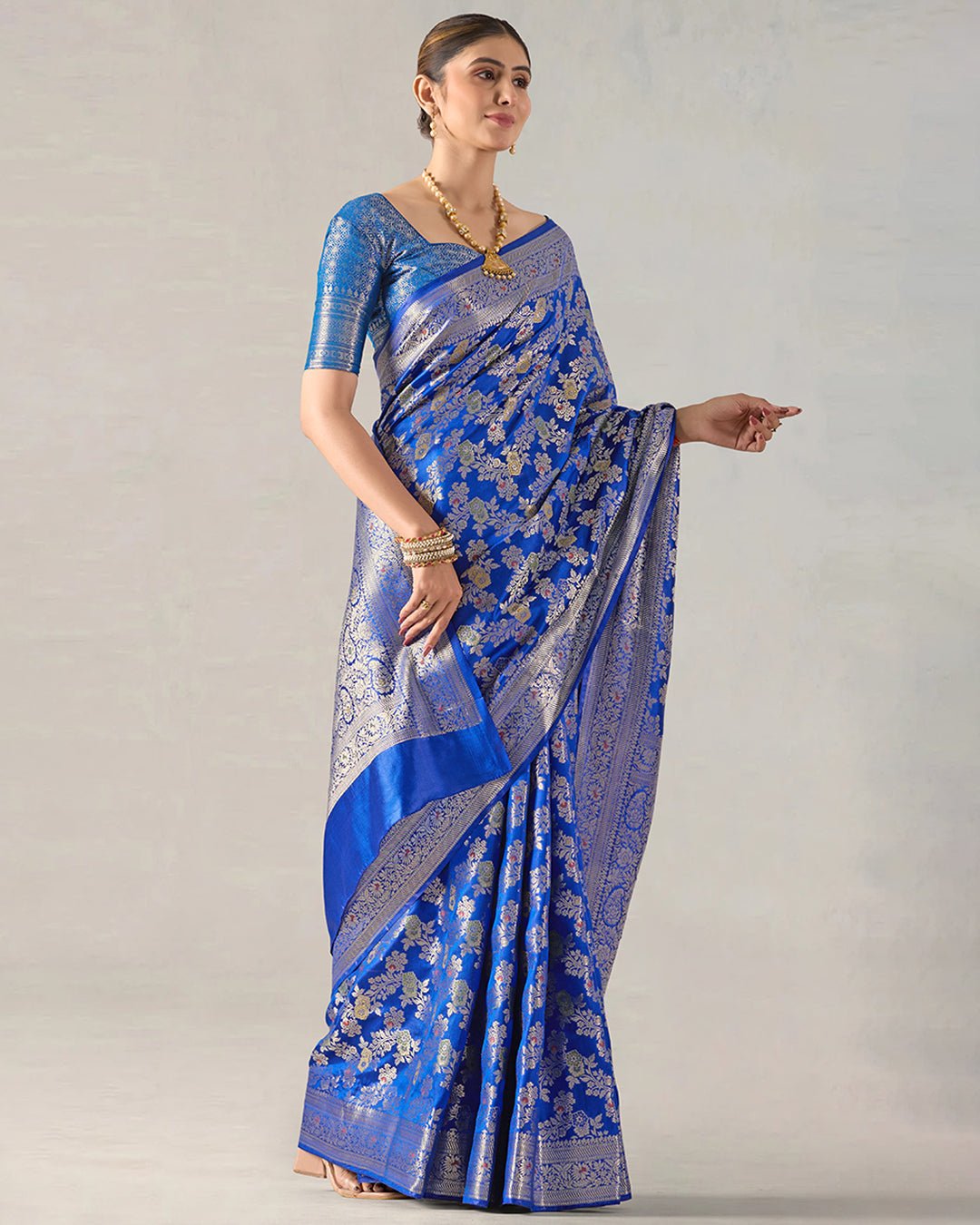 Blue Reverie Pure Banarasi Saree with Gold - Toned Floral Elegance Zari Jaal - katansi