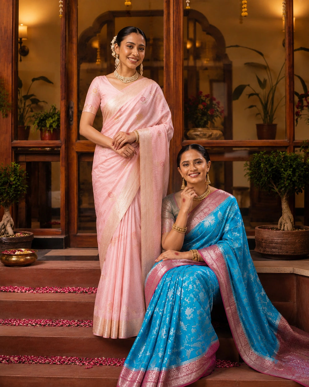Light Pink Pure Banarasi Saree with Meenakari Floral Bootis