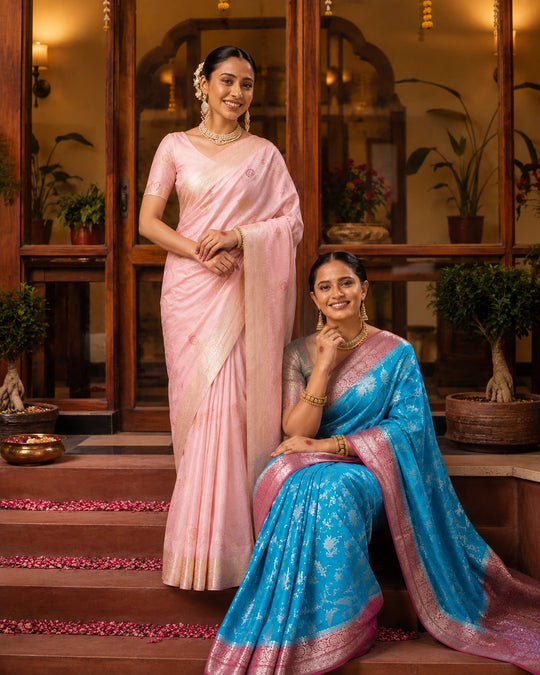 Light Pink Pure Banarasi Saree with Meenakari Floral Bootis