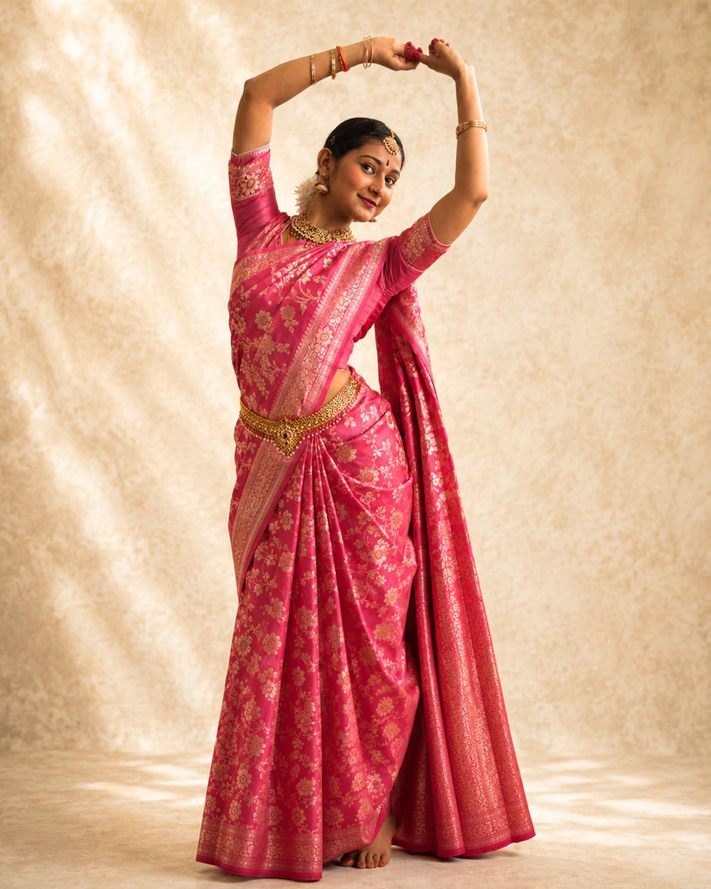 Pink Pure Banarasi Saree with Floral Meenakari Trail Weaves