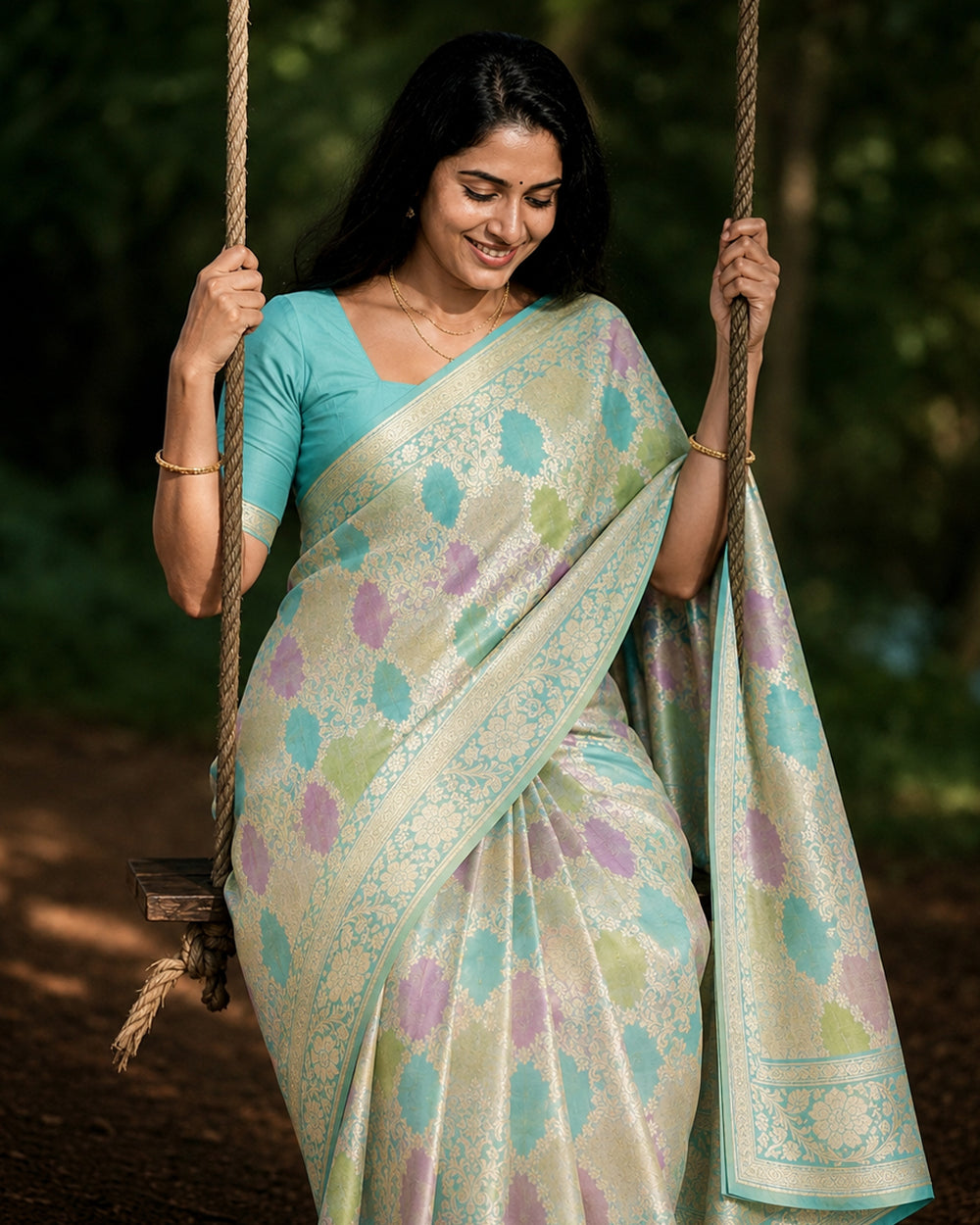 Aqua Turquoise Pure Katan Saree with Multicolour Rangkat Floral Jaal Weaving