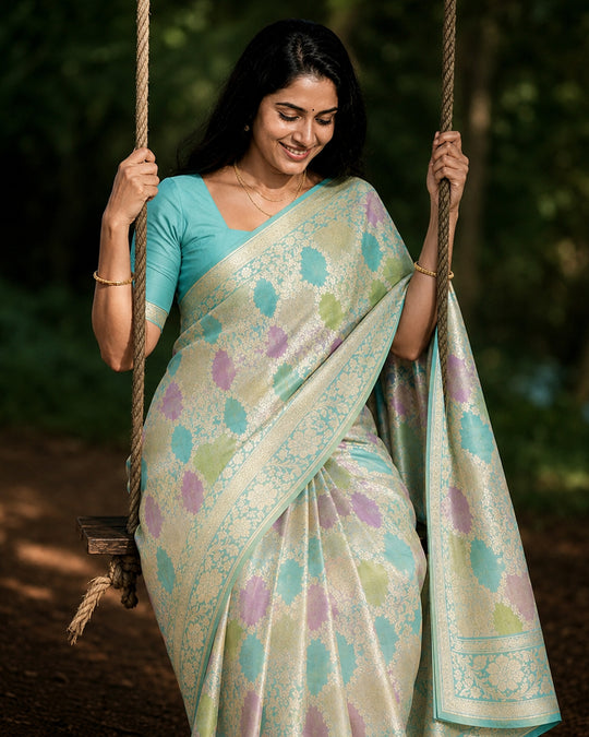 Aqua Turquoise Pure Katan Saree with Multicolour Rangkat Floral Jaal Weaving