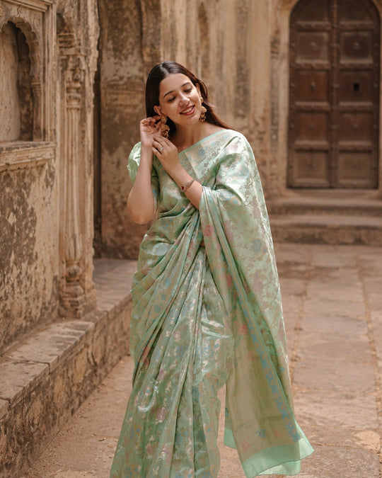Light Green Pure Banarasi Saree with Multicolour Floral Meenakari Weaving