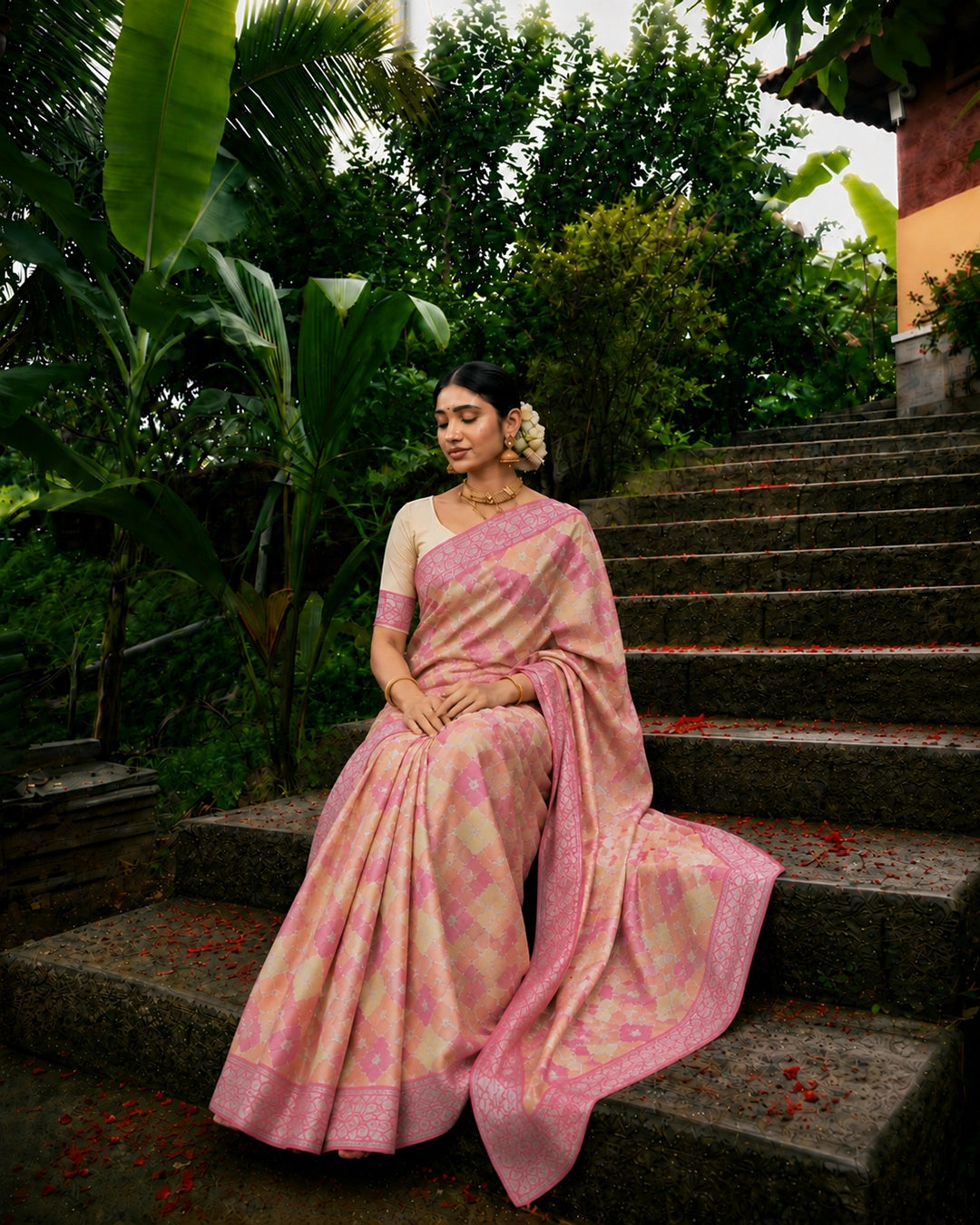 Pastel Rankat Pure Banarasi Silk + Tissue Saree with Floral Mosaic Weaving