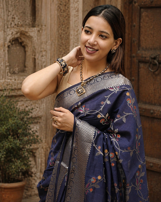 Blue Pure Banarasi Saree with Floral Meenakari Zari Weaving