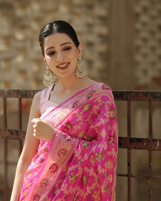 Eternal Pink Ocean Tones Pure Chiffon Saree with Opulent Floral Embellishments