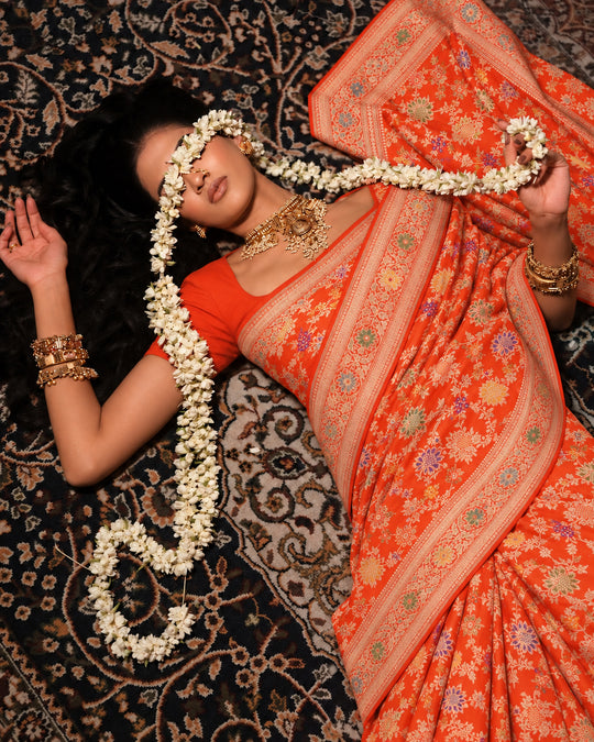 Orange Pure Katan Saree With Meenakari Weaves