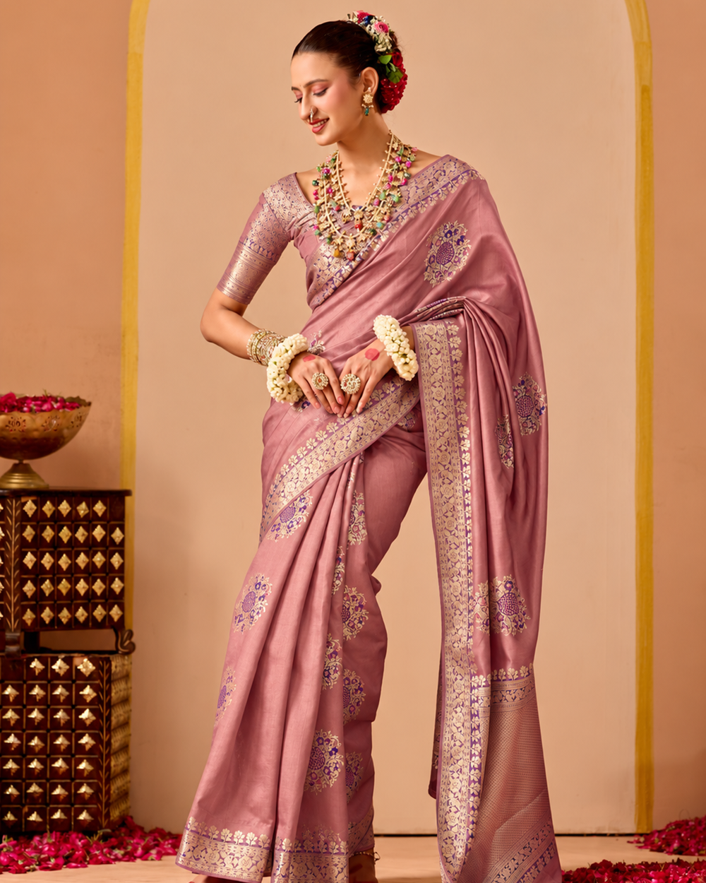 Dusty Rose Pure Banarasi Saree with Floral Meena Weaves