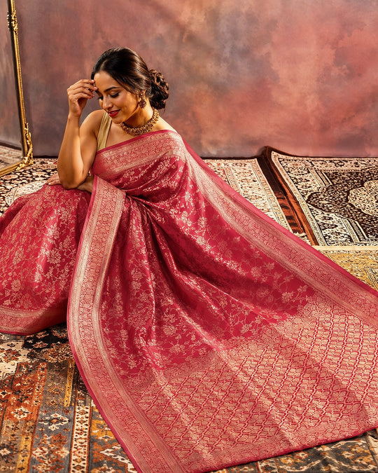 Red Pure Banarasi Saree with Gold Zari Floral Jaal