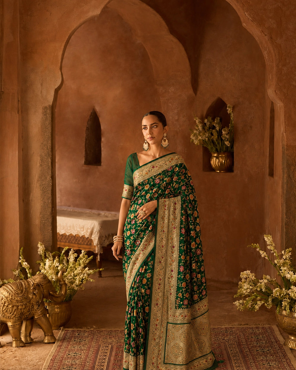 Green Pure Katan Saree with Meenakari Blooming Floral Jaal