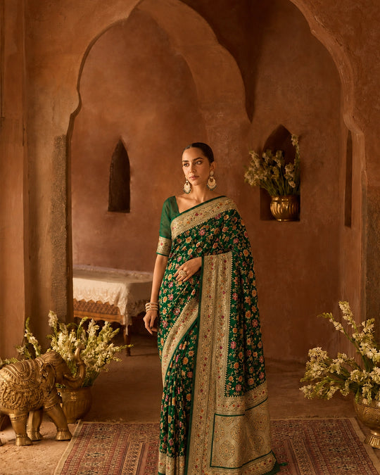 Green Pure Katan Saree with Meenakari Blooming Floral Jaal