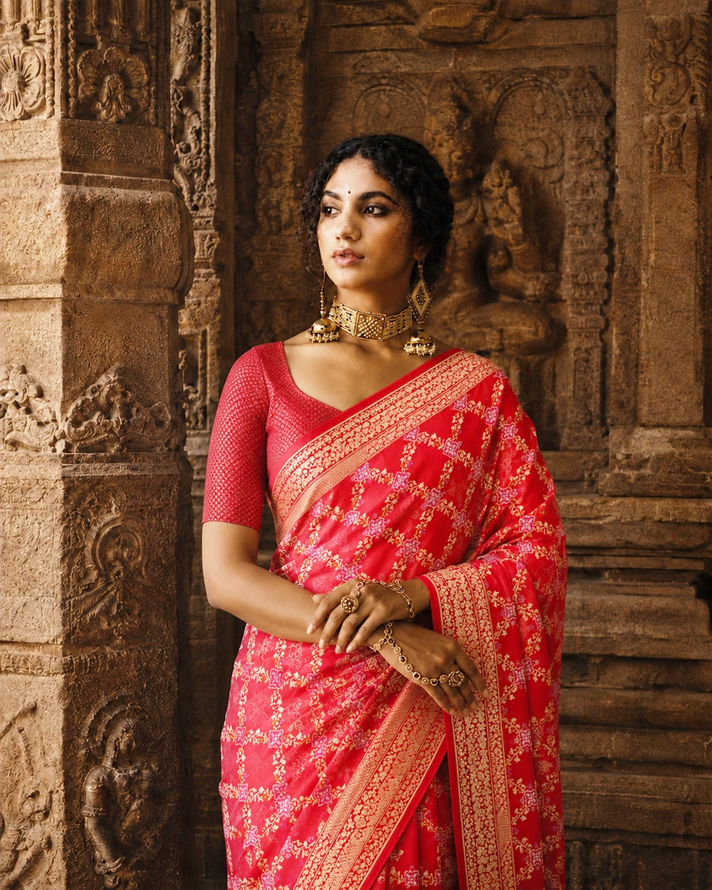 Red Pure Banarasi Saree with Multicolour Floral Meenakari Diamond Weaving