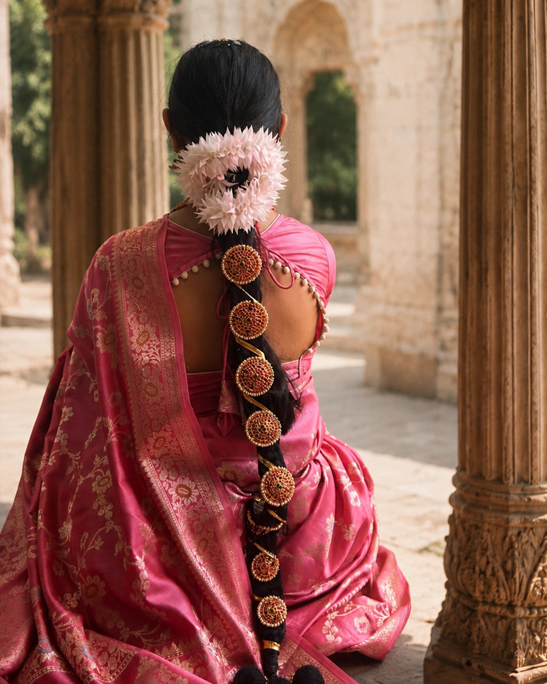 Pink Pure Banarasi Saree with Floral Meenakari Trail Weaves