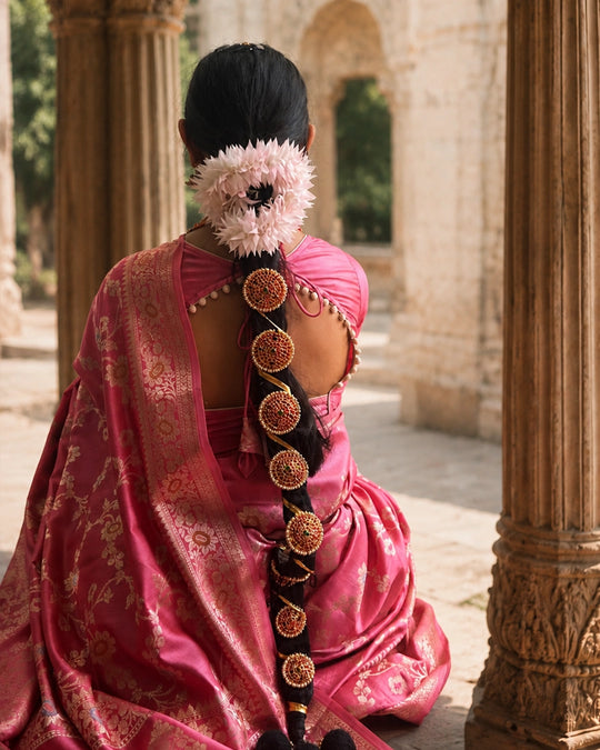 Pink Pure Banarasi Saree with Floral Meenakari Trail Weaves