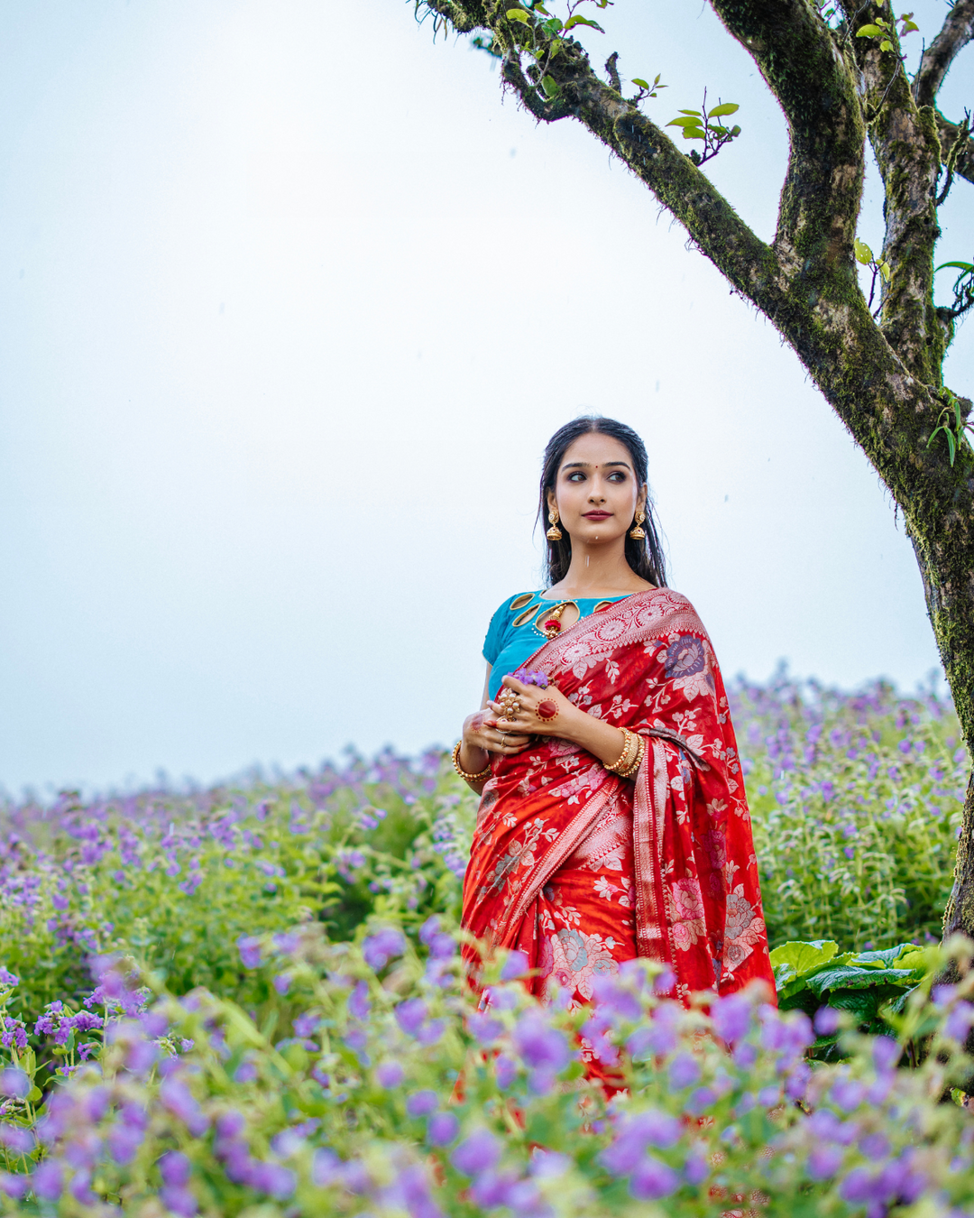 Surkh Laal Handloom Banarasi Silk With Multi-Coloured Floral Motif