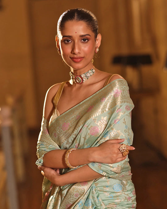 Sea Green Pure Banarasi Saree with Multicolor Floral Jaal Weaving