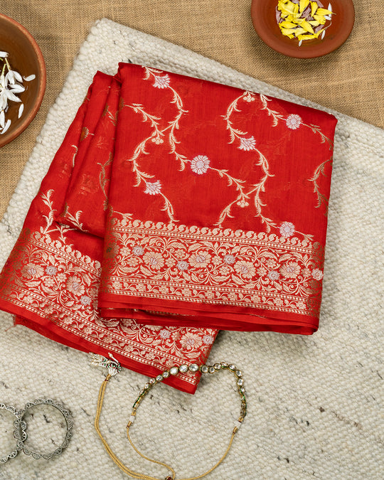 Blazing Red Pure Banarasi Silk Saree with Timeless Floral Detailing