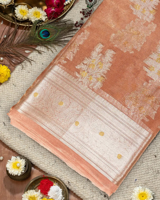 Coral Peach Pure Tissue Saree with Floral Golden Zari Accents