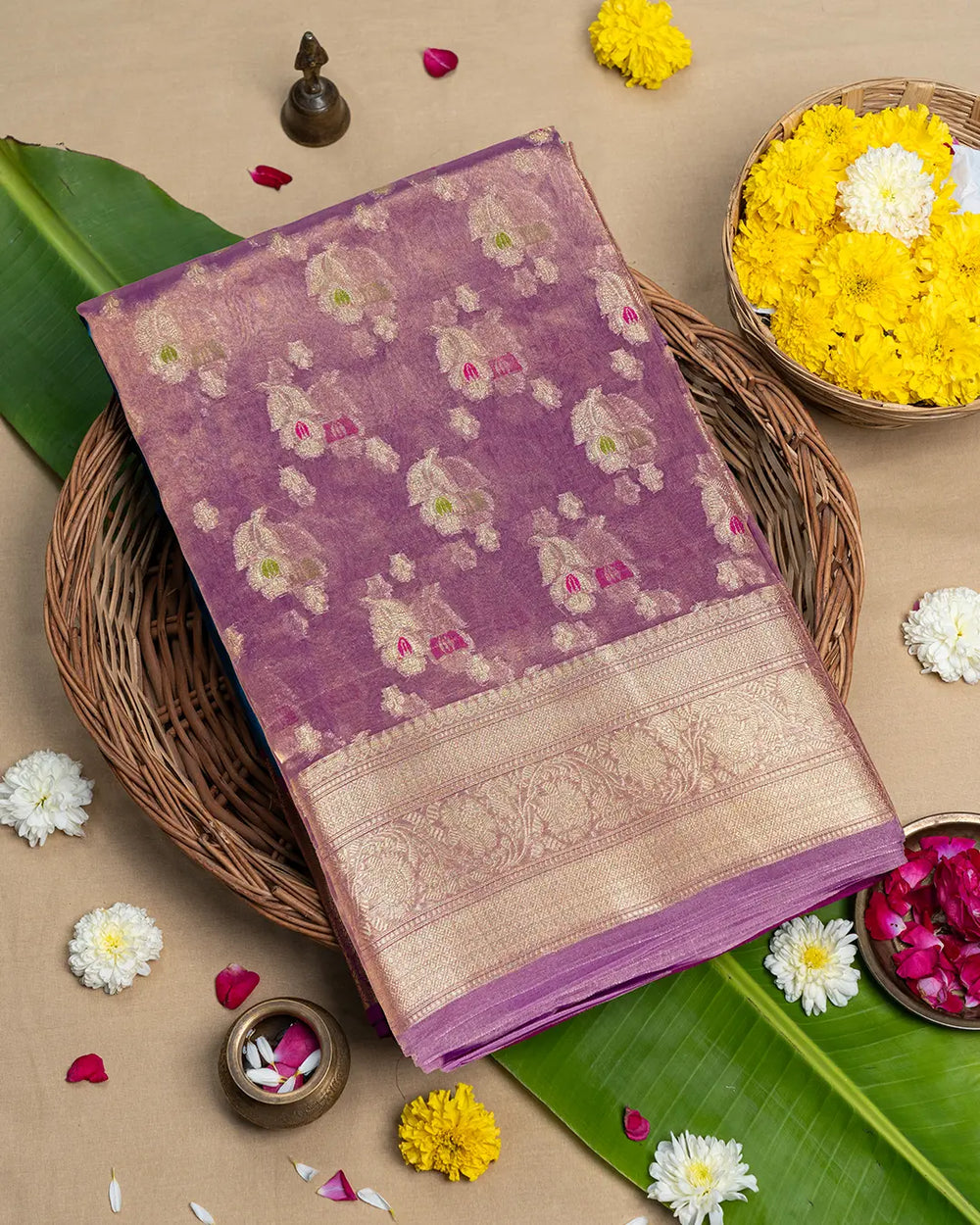 Purple Pure Tissue Saree with Exquisite Zari Weave And Floral Craftsmanship