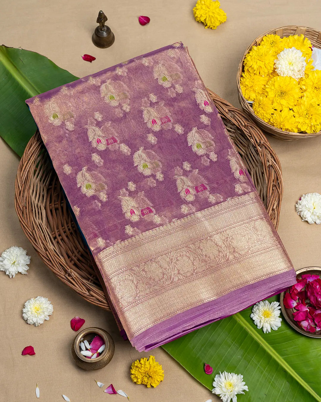 Purple Pure Tissue Saree with Exquisite Zari Weave And Floral Craftsmanship
