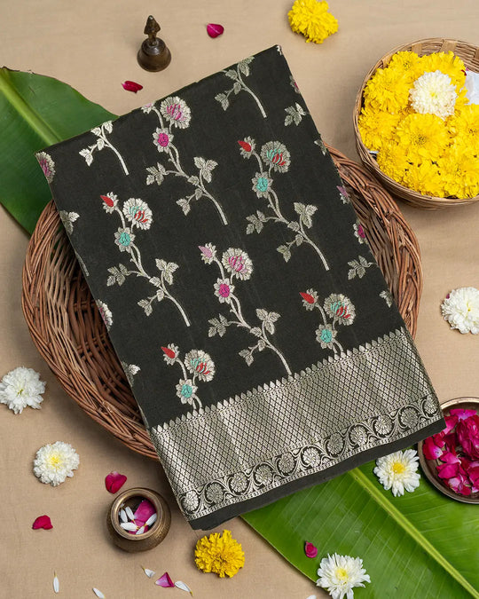 Black Pure Banarasi Saree with Floral Meenakari Jaal Weaves