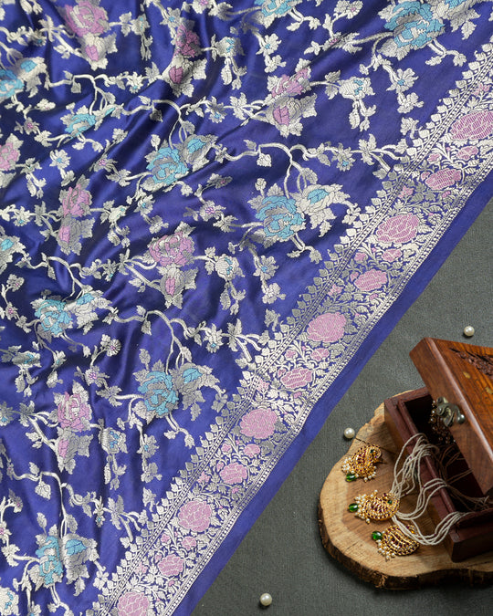 Navy Blue Floral Pure Banarasi Saree
