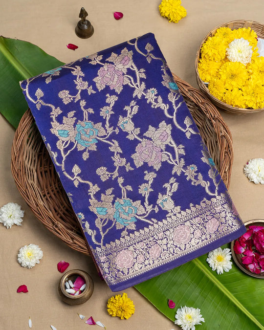 Navy Blue Heritage Bloom Pure Banarasi