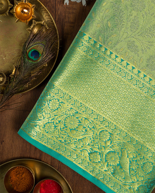 Mint Green Pure Kanjivaram Saree with Floral Jaal Weaves