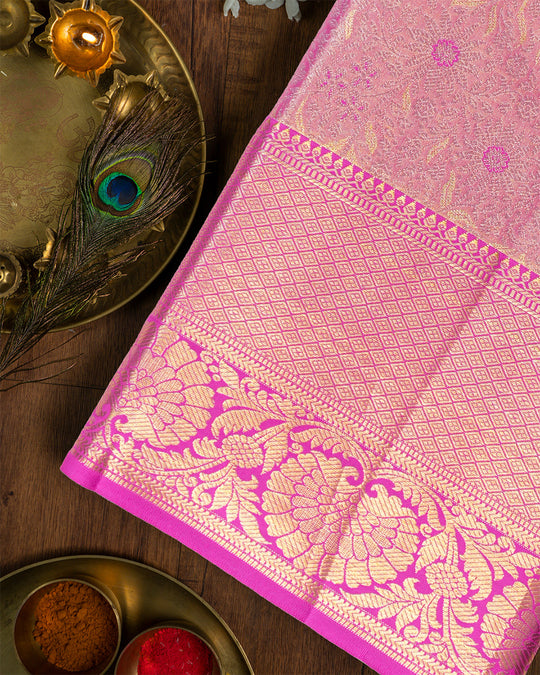 Pink Pure Kanjivaram Saree with Traditional Jaal Weaving