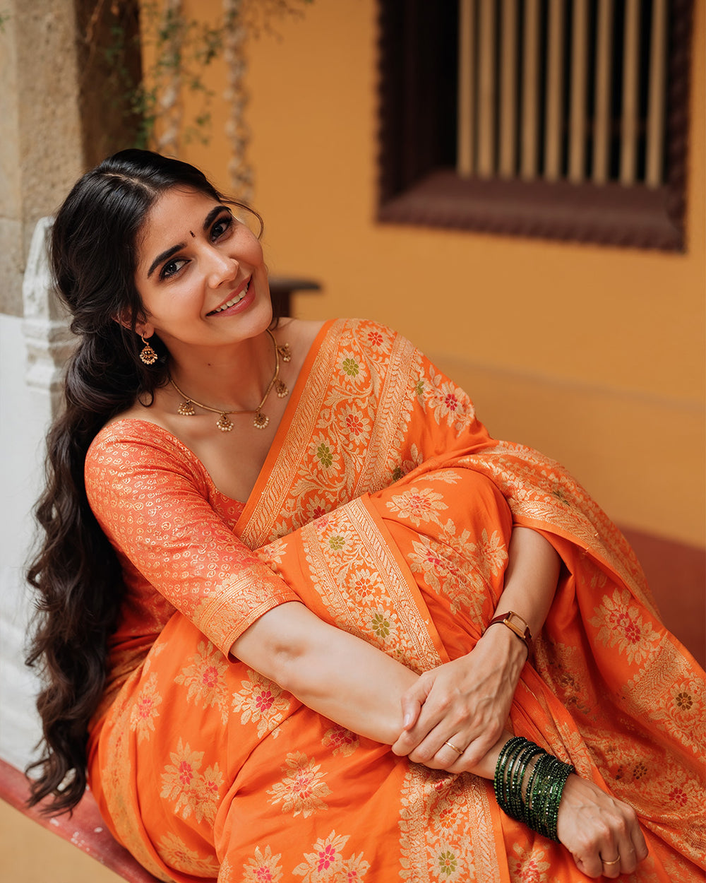 Orange Pure Chiffon Saree with Floral Meenakari Jaal Weaving