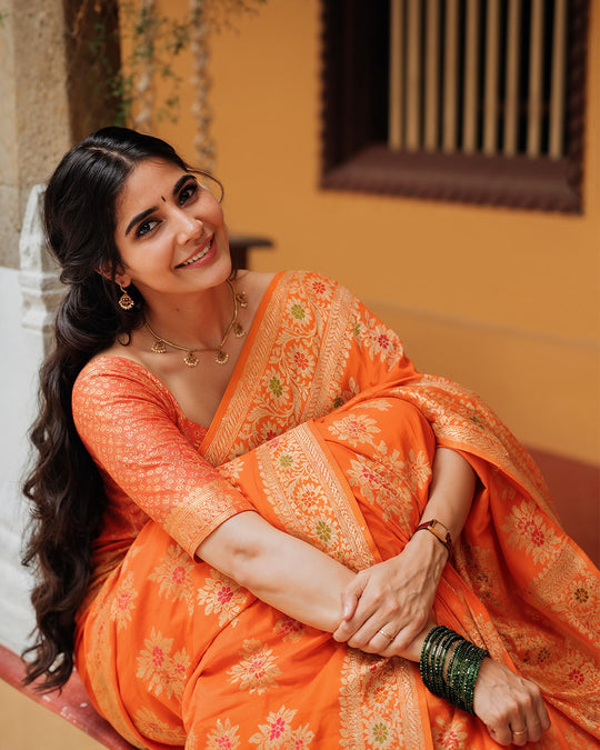Orange Pure Chiffon Saree with Floral Meenakari Jaal Weaving