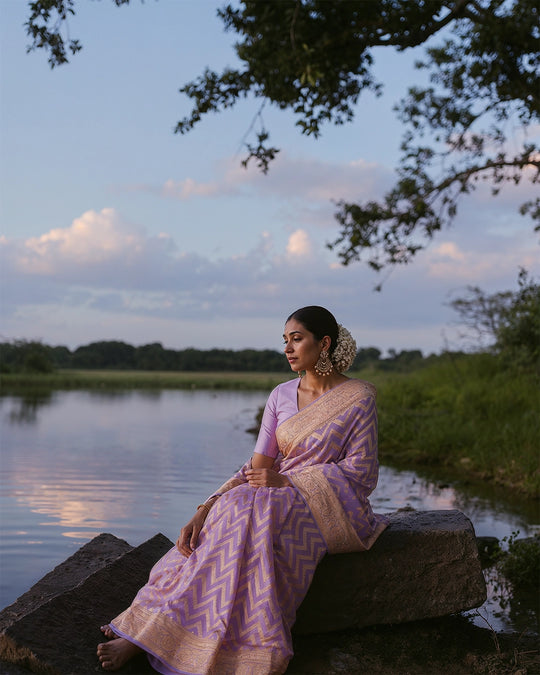 Lilac Pure Chiffon Saree with Golden Chevron Zigzag Weaving