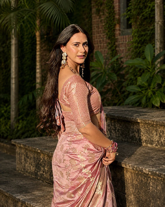 Dusty Lilac Pure Banarasi Saree with Regal Floral Jaal Weaves